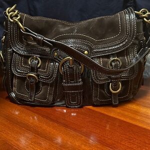Coach Chocolate Leather Shoulder Bag with Brass Accents